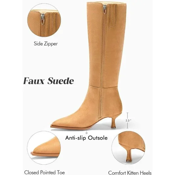 ⚡Women's Khaki Knee High Boots Kitten Low Heel Pointed Toe Leather Side Zipper